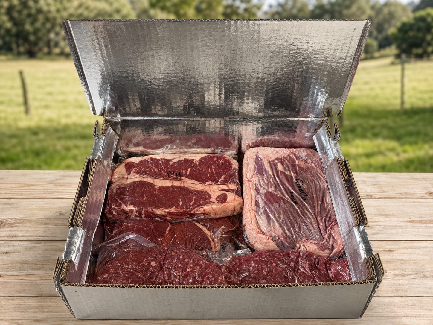 The Gourmet Hamper: an insulated box on a farm table, packed with vacuum-sealed porterhouse steaks, a rolled roast and mince